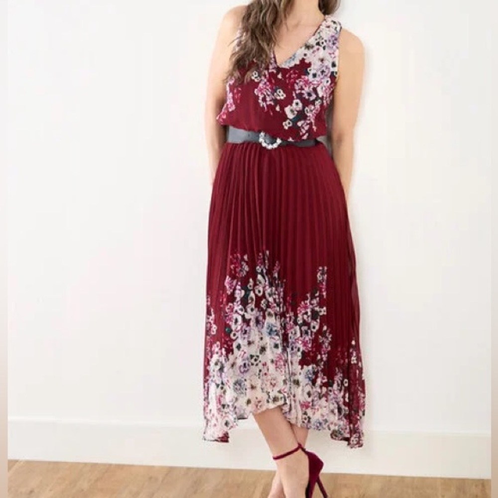 Burgundy Floral Chiffon Pleated Maxi Dress NWT